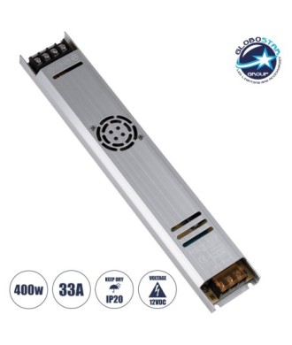 GloboStar® 73030 Μεταλλικό Τροφοδοτικό PELV Ultra Slim για Προϊόντα LED 400W 33A - AC 220-240V σε DC 12V - IP20 L31 x W5.4 x H2.3cm - 3 Χρόνια Εγγύηση